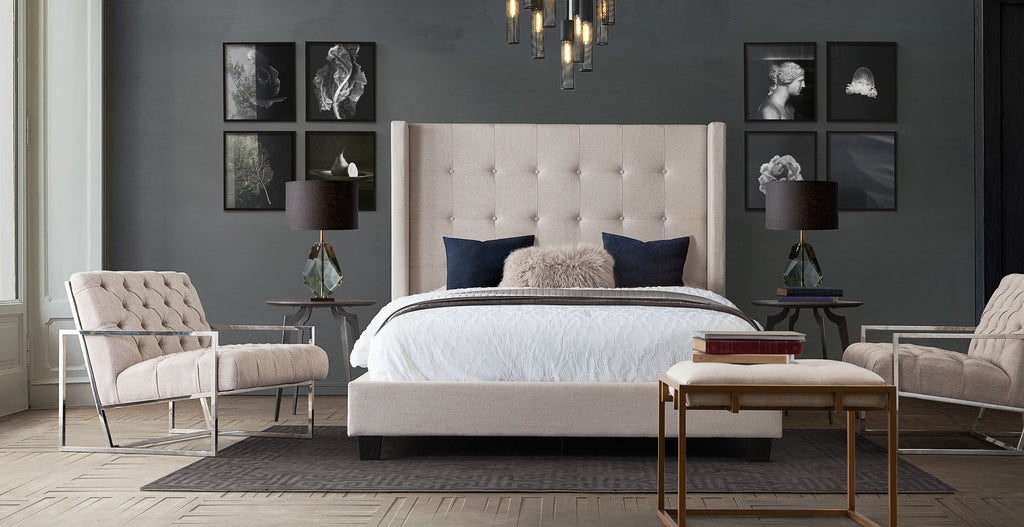 Madison Ave Tufted Wing Queen Bed in Sand Button Tufted Fabric by Diamond Sofa - styled in a staged room by Center Stage Home Design