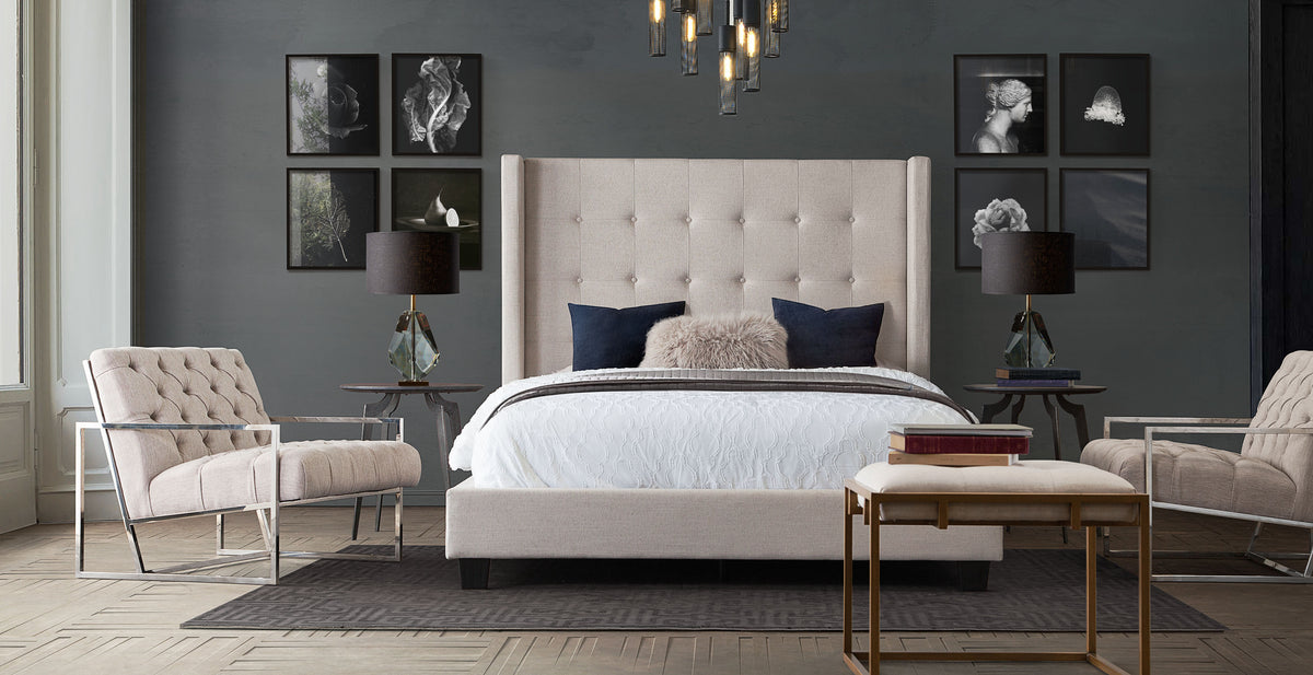 Madison Ave Tufted Wing Queen Bed in Sand Button Tufted Fabric by Diamond Sofa - styled in a staged room by Center Stage Home Design