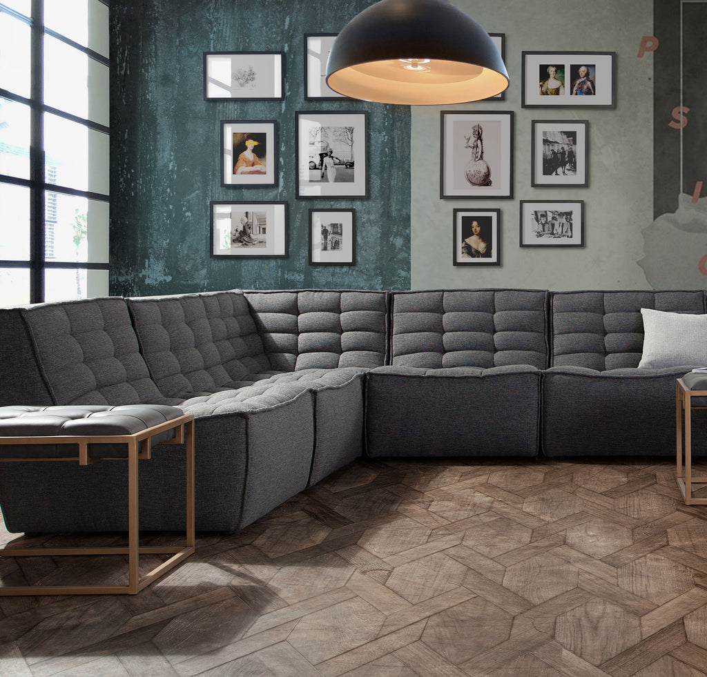 Marshall 5PC Corner Modular Sectional w/ Scooped Seat in Grey Fabric by Diamond Sofa - styled in a staged room by Center Stage Home Design