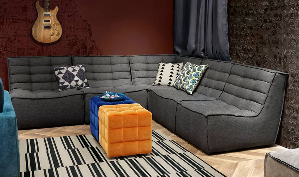 Marshall 5PC Corner Modular Sectional w/ Scooped Seat in Grey Fabric by Diamond Sofa - styled in a staged room by Center Stage Home Design