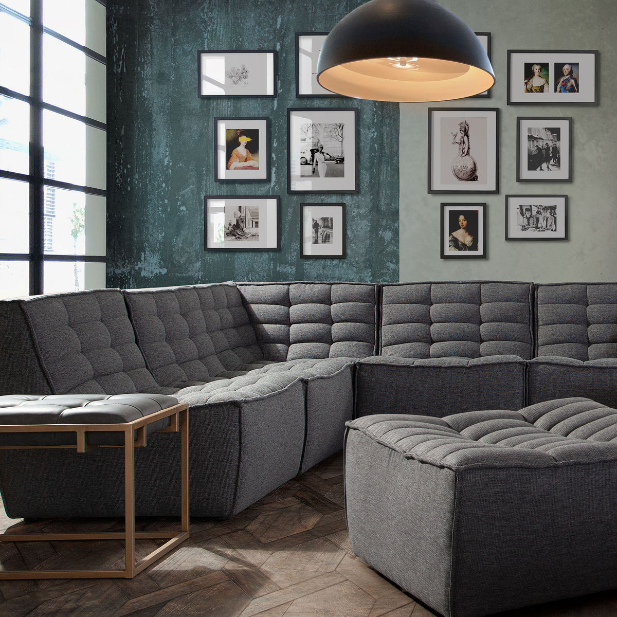 Marshall Scooped Seat Armless Chair in Grey Fabric by Diamond Sofa - styled in a staged room by Center Stage Home Design