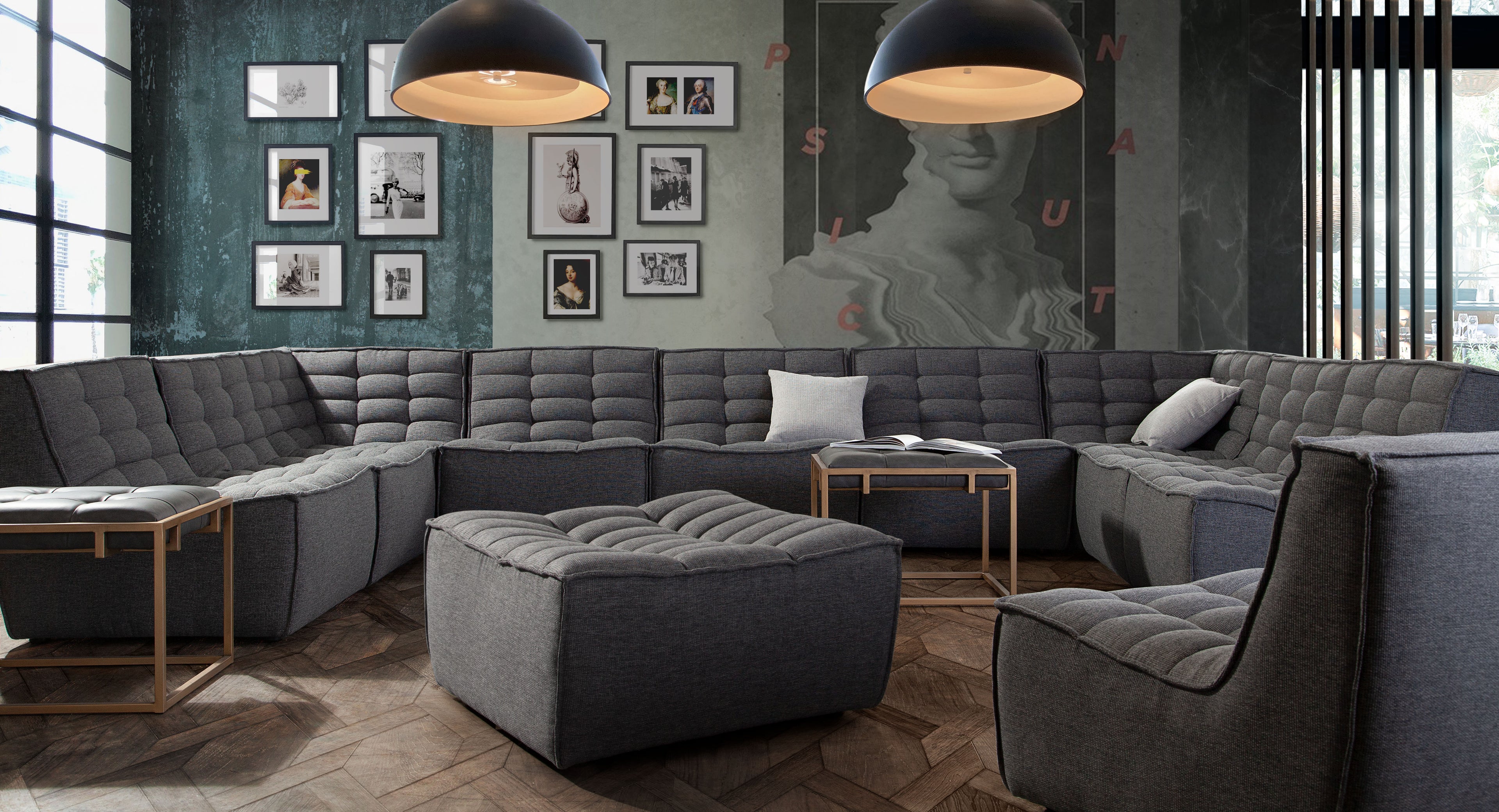 Marshall Scooped Seat Ottoman in Grey Fabric by Diamond Sofa - styled in a staged room by Center Stage Home Design