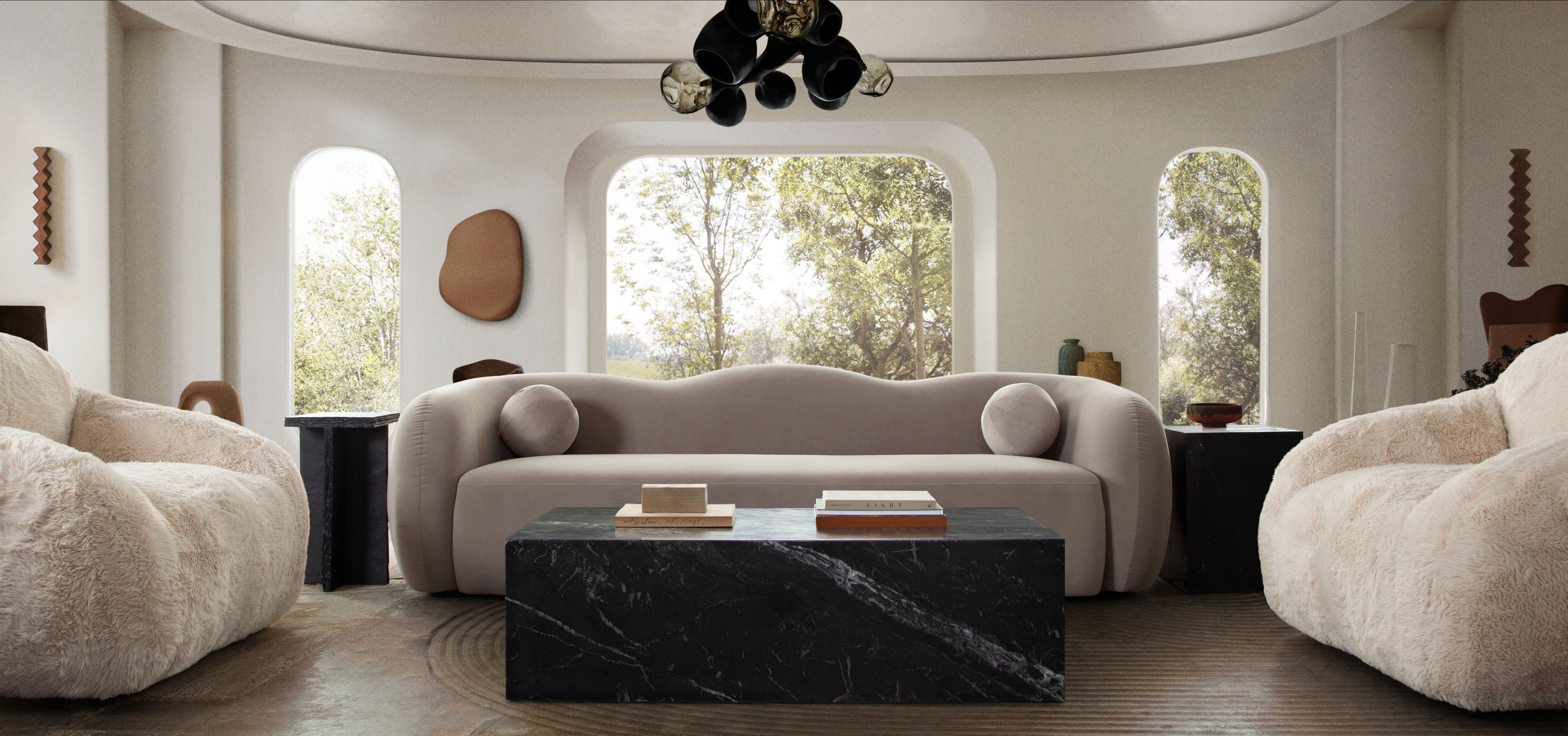 Maya Sofa in Modern Shitake Mink Performance Velvet by Diamond Sofa - styled in a staged room by Center Stage Home Design