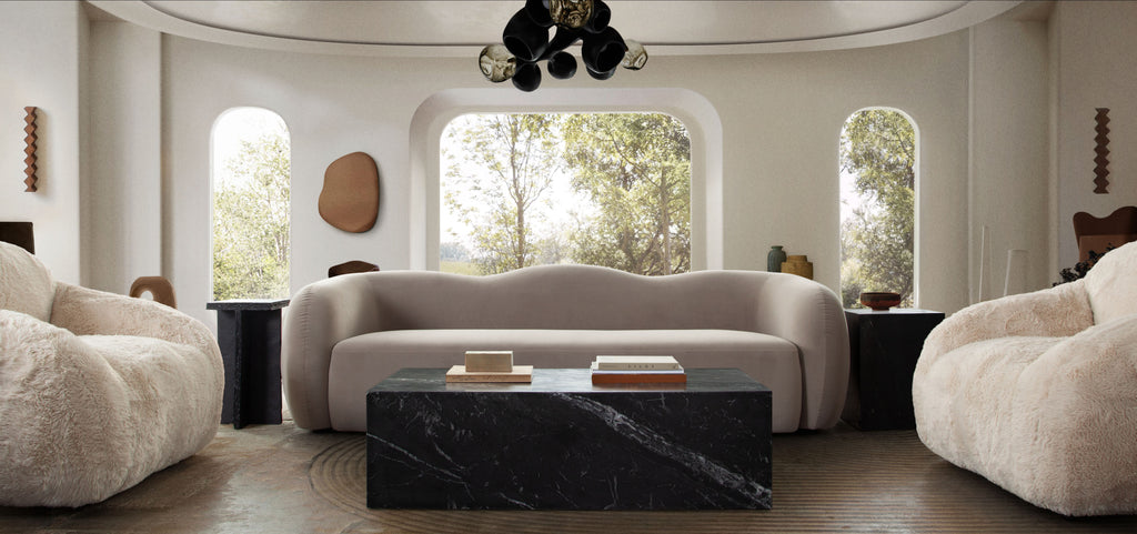 Maya Sofa in Modern Shitake Mink Performance Velvet by Diamond Sofa - styled in a staged room by Center Stage Home Design