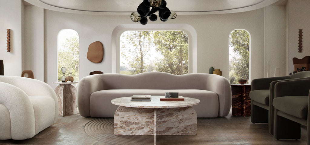 Maya Sofa in Modern Shitake Mink Performance Velvet by Diamond Sofa - styled in a staged room by Center Stage Home Design