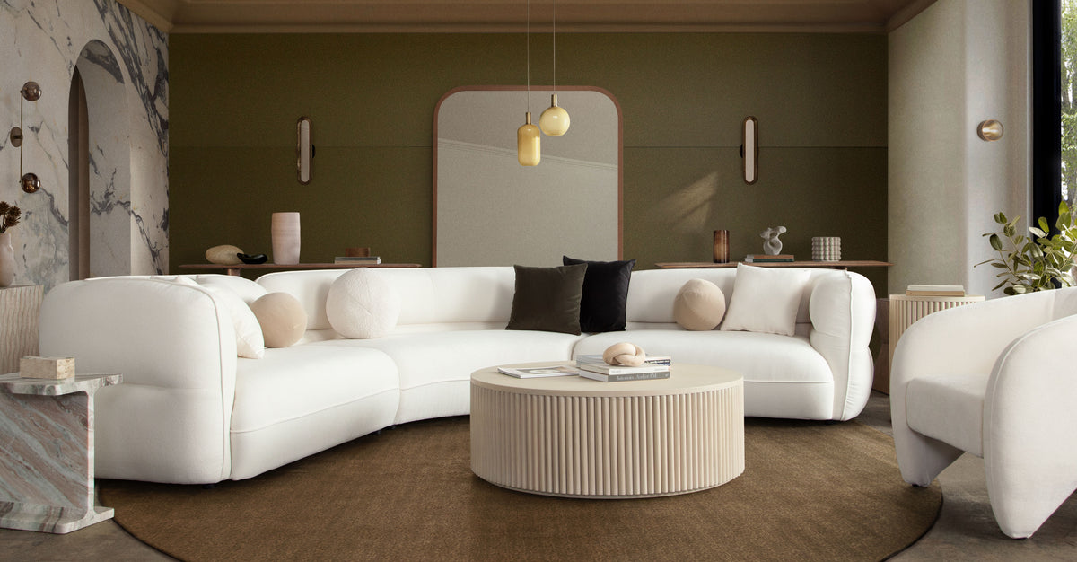 Micah 2PC Sofa in Elite Ivory Polyester Fabric by Diamond Sofa - styled in a staged room by Center Stage Home Design