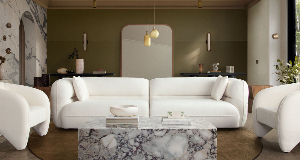 Micah 2PC Sofa in Elite Ivory Polyester Fabric by Diamond Sofa - styled in a staged room by Center Stage Home Design