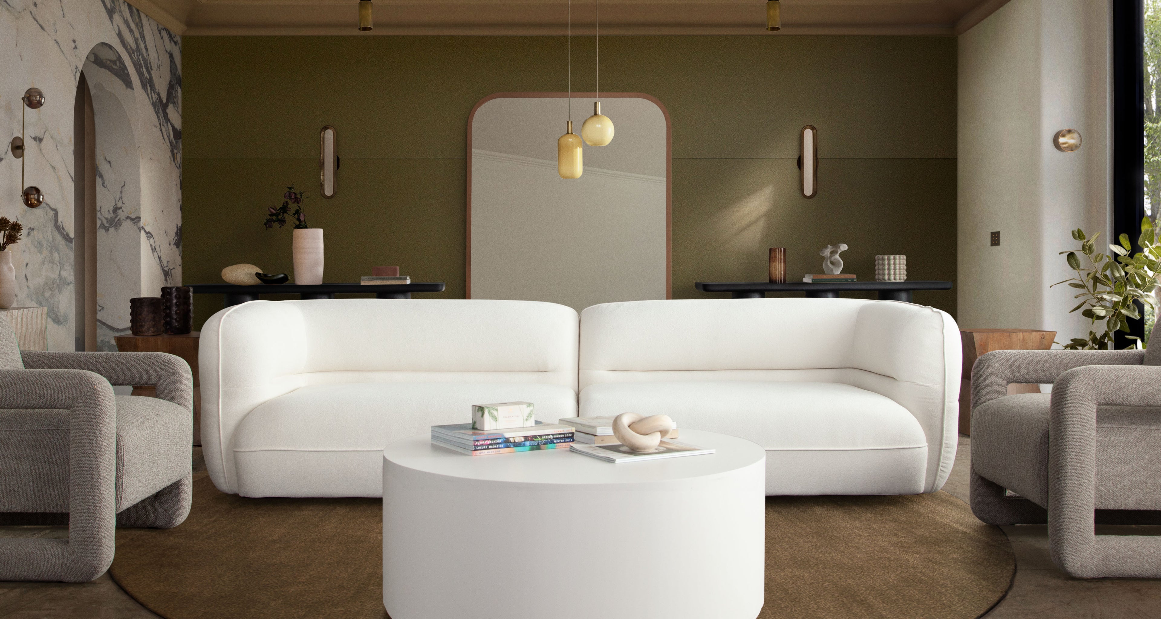 Micah 2PC Sofa in Elite Ivory Polyester Fabric by Diamond Sofa - styled in a staged room by Center Stage Home Design
