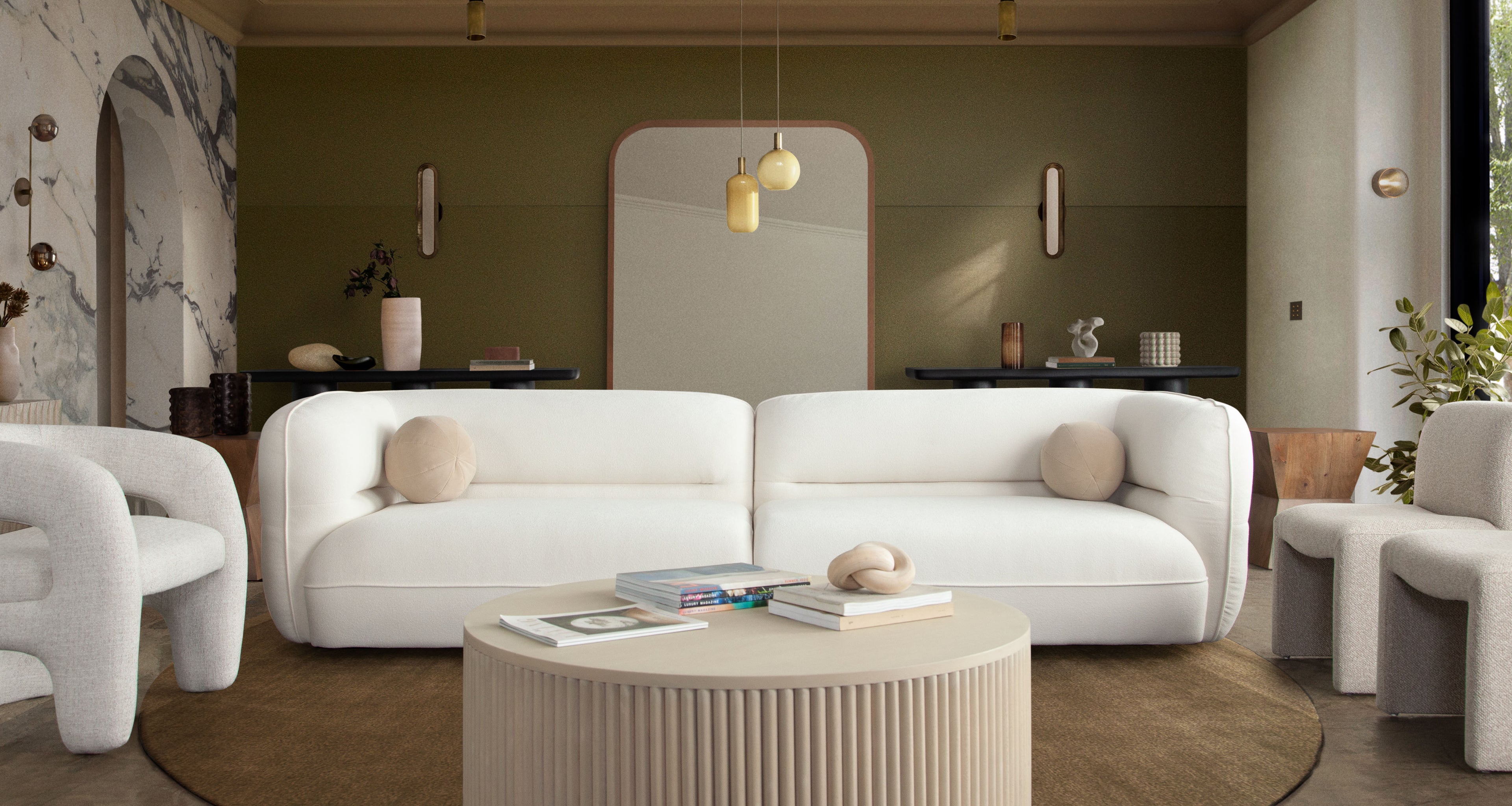 Micah 2PC Sofa in Elite Ivory Polyester Fabric by Diamond Sofa - styled in a staged room by Center Stage Home Design