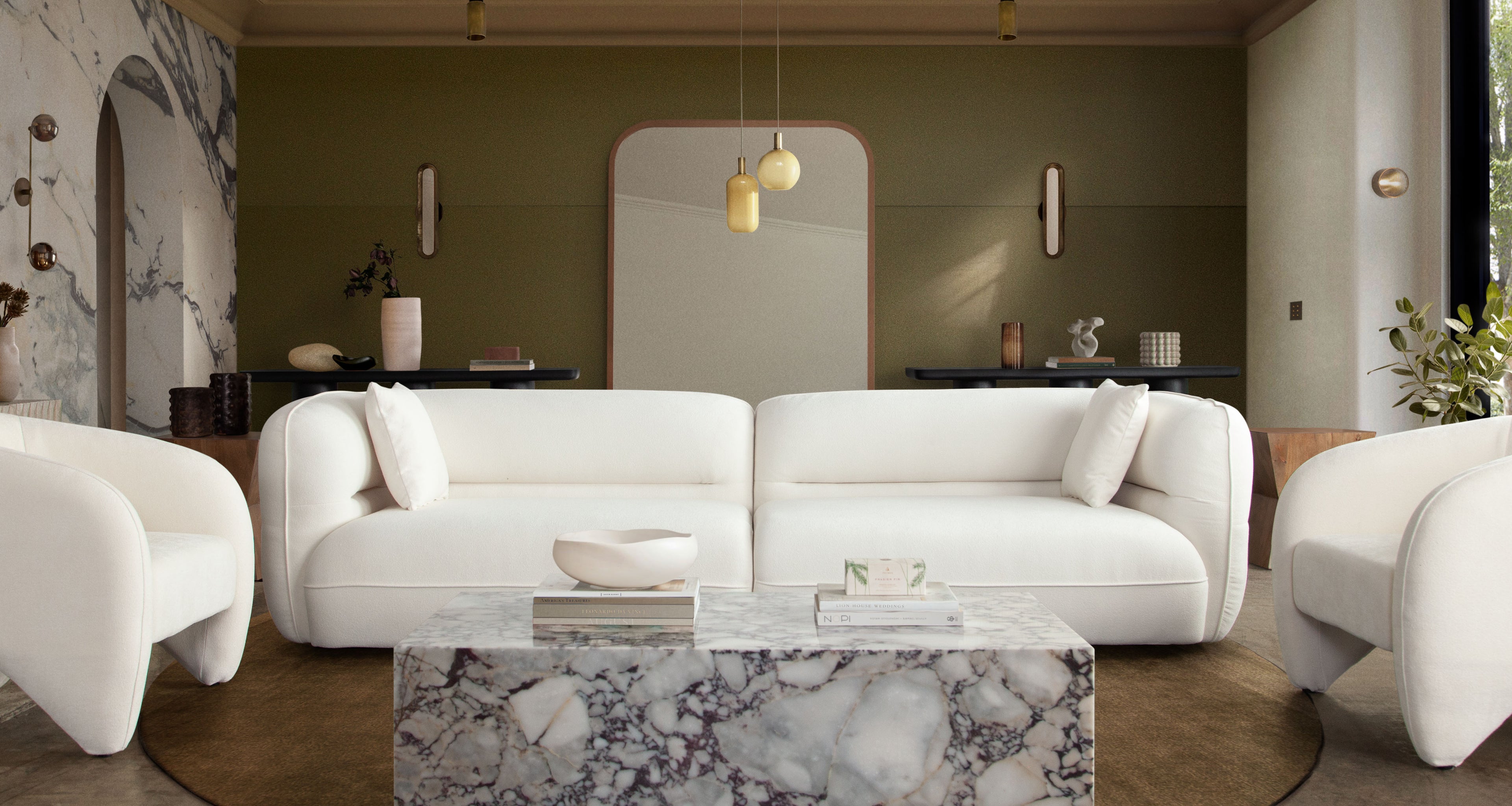 Micah 2PC Sofa in Elite Ivory Polyester Fabric by Diamond Sofa - styled in a staged room by Center Stage Home Design