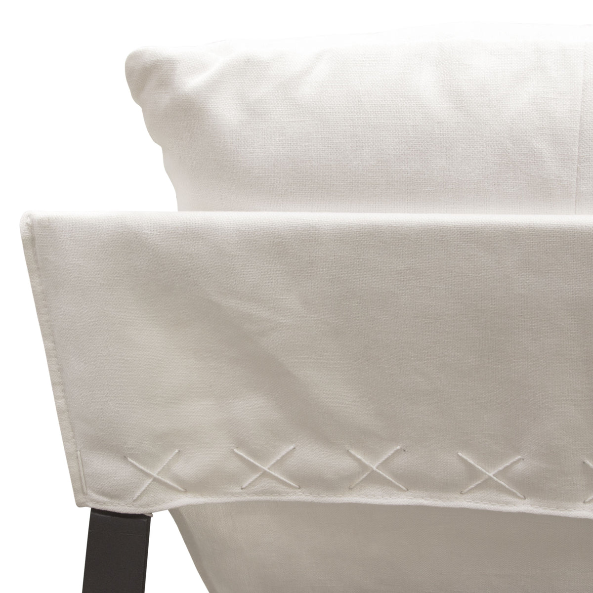 Miller Sling Accent Chair in White Linen Fabric w/ Black Powder Coated Metal Frame by Diamond Sofa - styled in a staged room by Center Stage Home Design