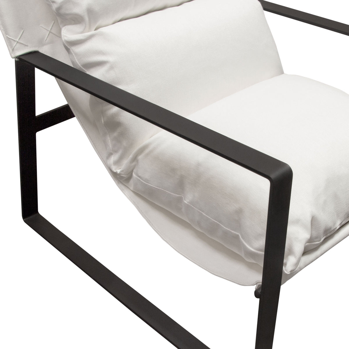 Miller Sling Accent Chair in White Linen Fabric w/ Black Powder Coated Metal Frame by Diamond Sofa - styled in a staged room by Center Stage Home Design