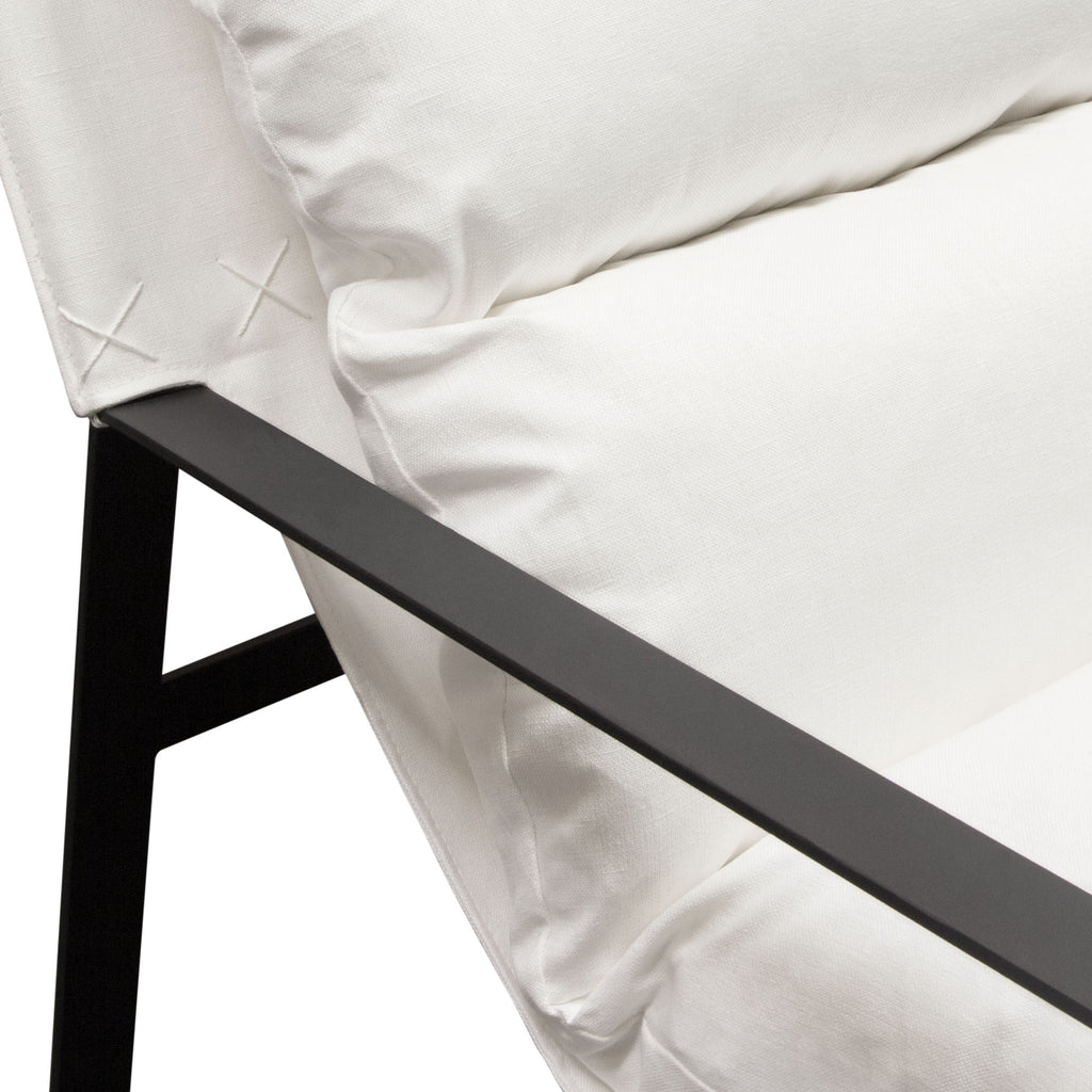 Miller Sling Accent Chair in White Linen Fabric w/ Black Powder Coated Metal Frame by Diamond Sofa - styled in a staged room by Center Stage Home Design
