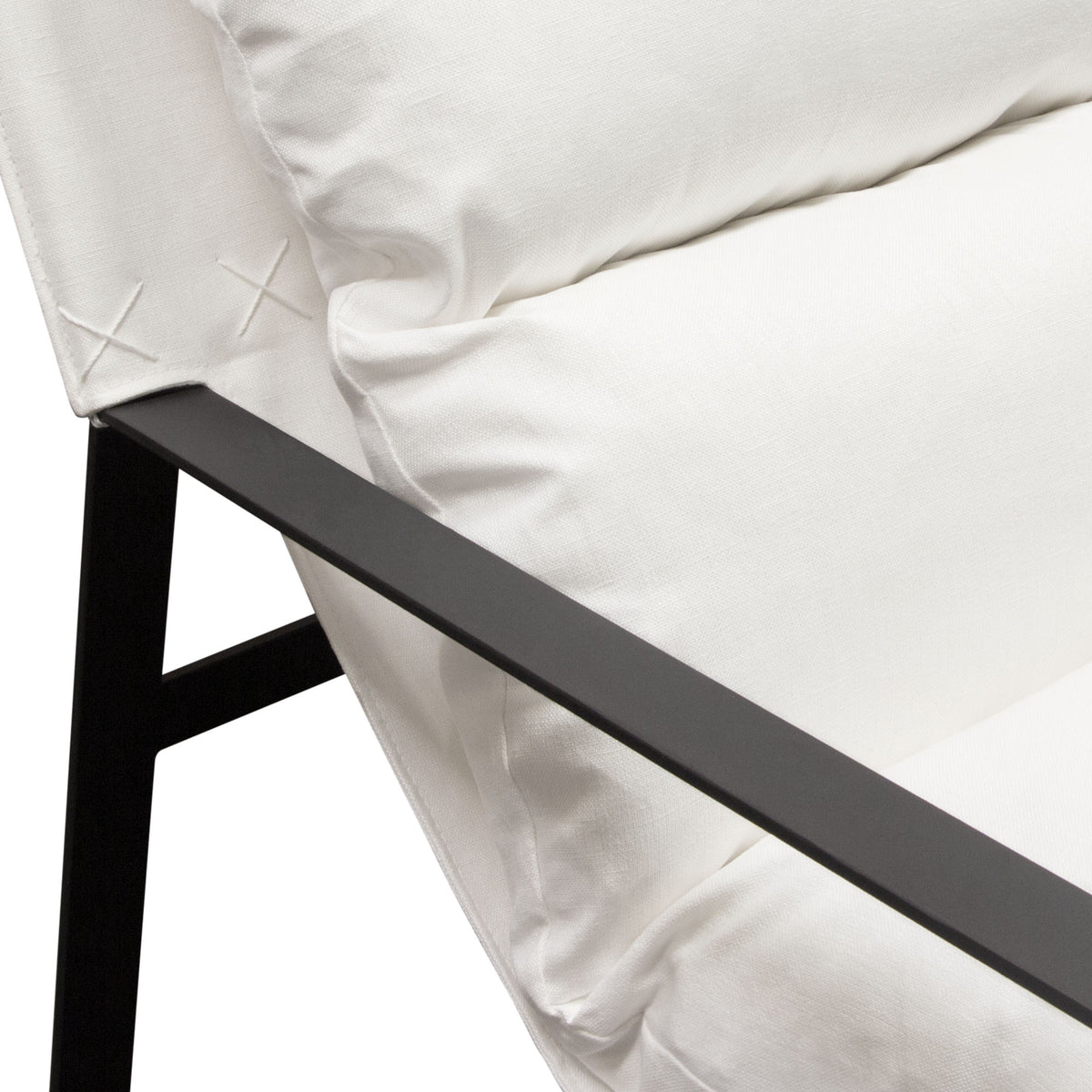 Miller Sling Accent Chair in White Linen Fabric w/ Black Powder Coated Metal Frame by Diamond Sofa - styled in a staged room by Center Stage Home Design