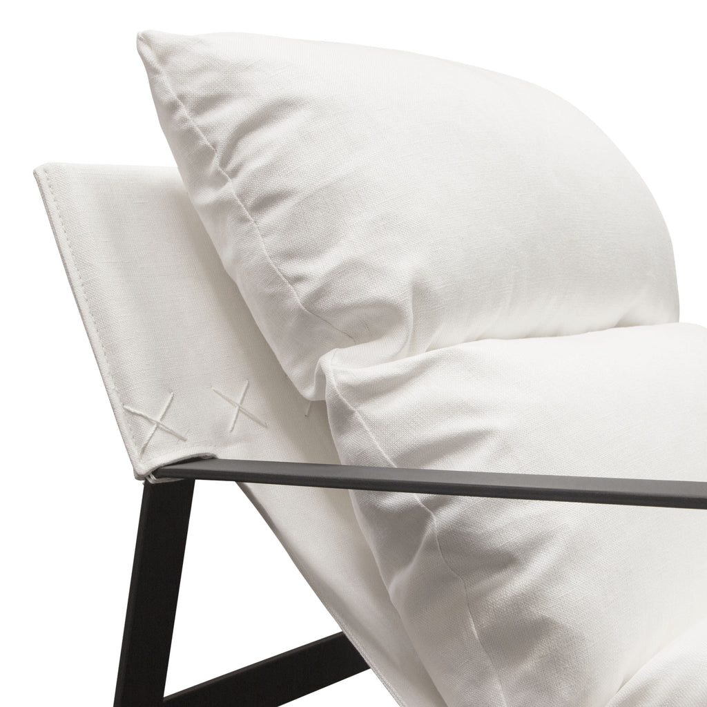 Miller Sling Accent Chair in White Linen Fabric w/ Black Powder Coated Metal Frame by Diamond Sofa - styled in a staged room by Center Stage Home Design