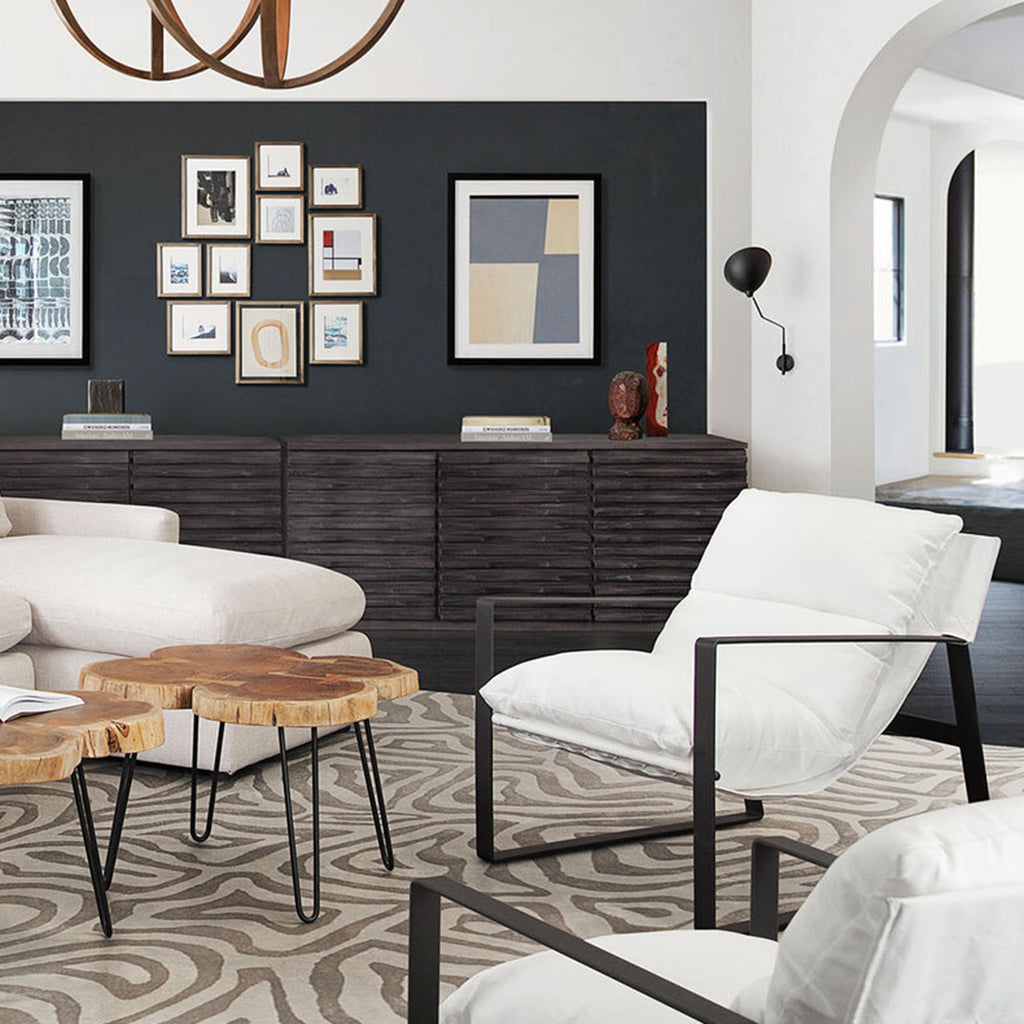 Miller Sling Accent Chair in White Linen Fabric w/ Black Powder Coated Metal Frame by Diamond Sofa - styled in a staged room by Center Stage Home Design