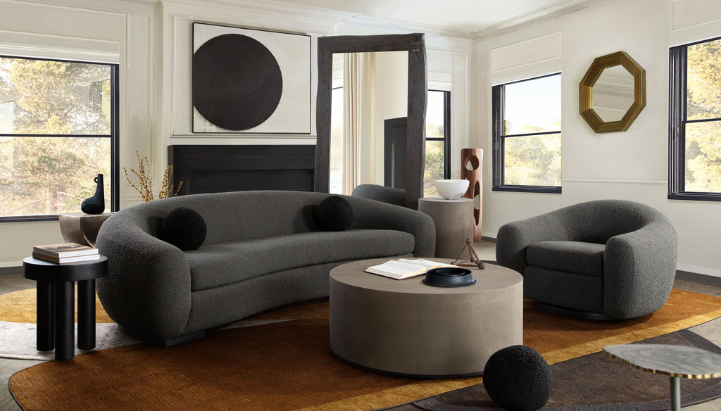 Montage Round Natural Cement Grey Cocktail Table by Diamond Sofa - styled in a staged room by Center Stage Home Design