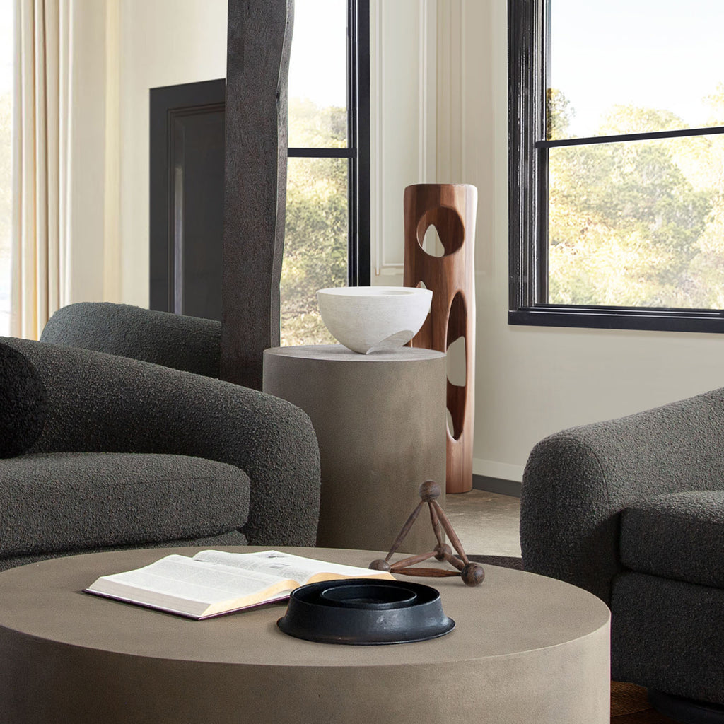 Montage Round Natural Cement Grey End Table by Diamond Sofa - styled in a staged room by Center Stage Home Design
