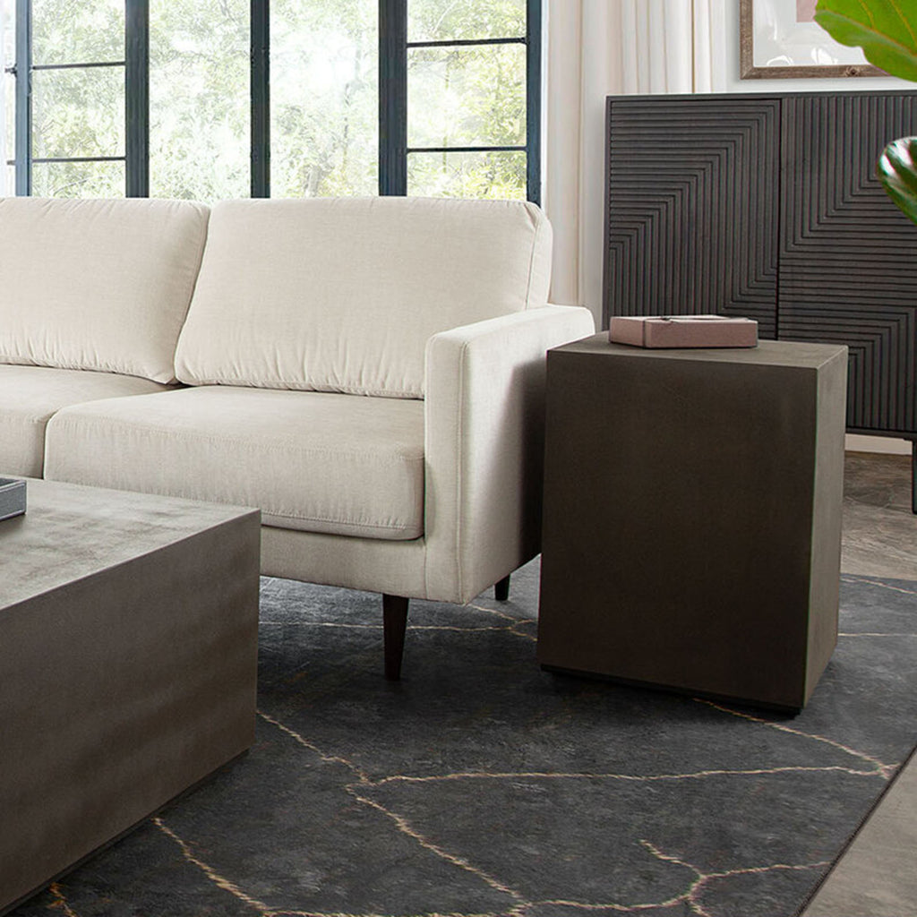 Montage Square Natural Cement Grey End Table by Diamond Sofa - styled in a staged room by Center Stage Home Design