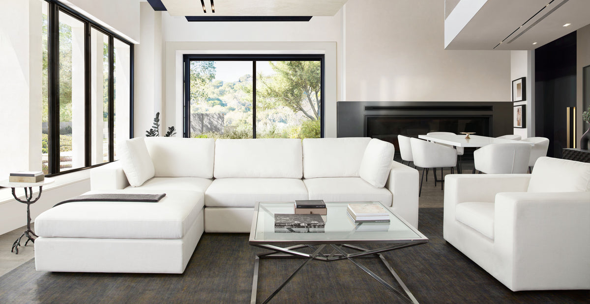 Muse 4PC Modular Reversible Chaise Sectional in Mist White Performance Fabric by Diamond Sofa - styled in a staged room by Center Stage Home Design