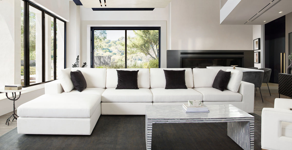 Muse 4PC Modular Reversible Chaise Sectional in Mist White Performance Fabric by Diamond Sofa - styled in a staged room by Center Stage Home Design
