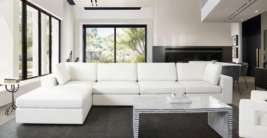 Muse 4PC Modular Reversible Chaise Sectional in Mist White Performance Fabric by Diamond Sofa - styled in a staged room by Center Stage Home Design