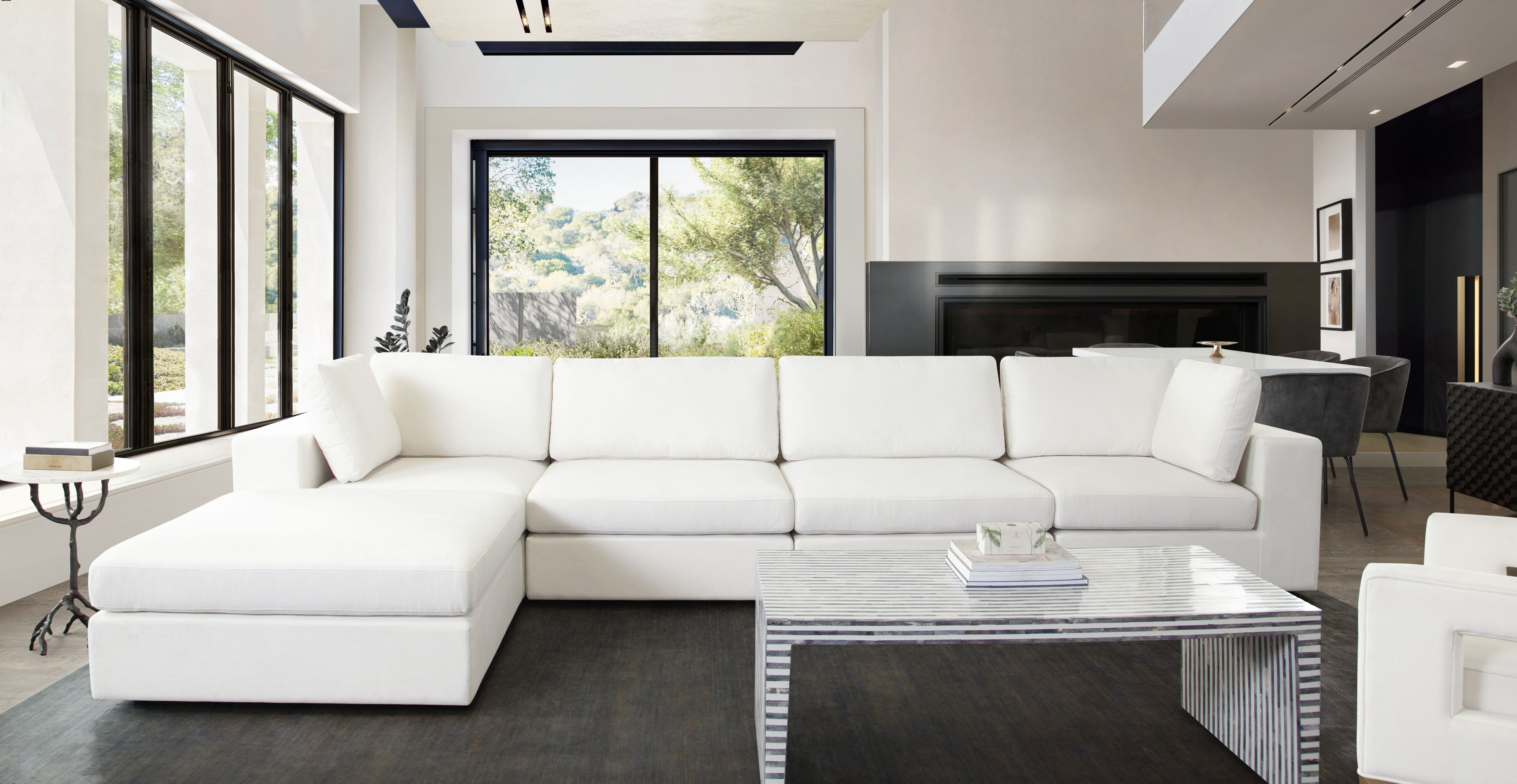 Muse 4PC Modular Reversible Chaise Sectional in Mist White Performance Fabric by Diamond Sofa - styled in a staged room by Center Stage Home Design