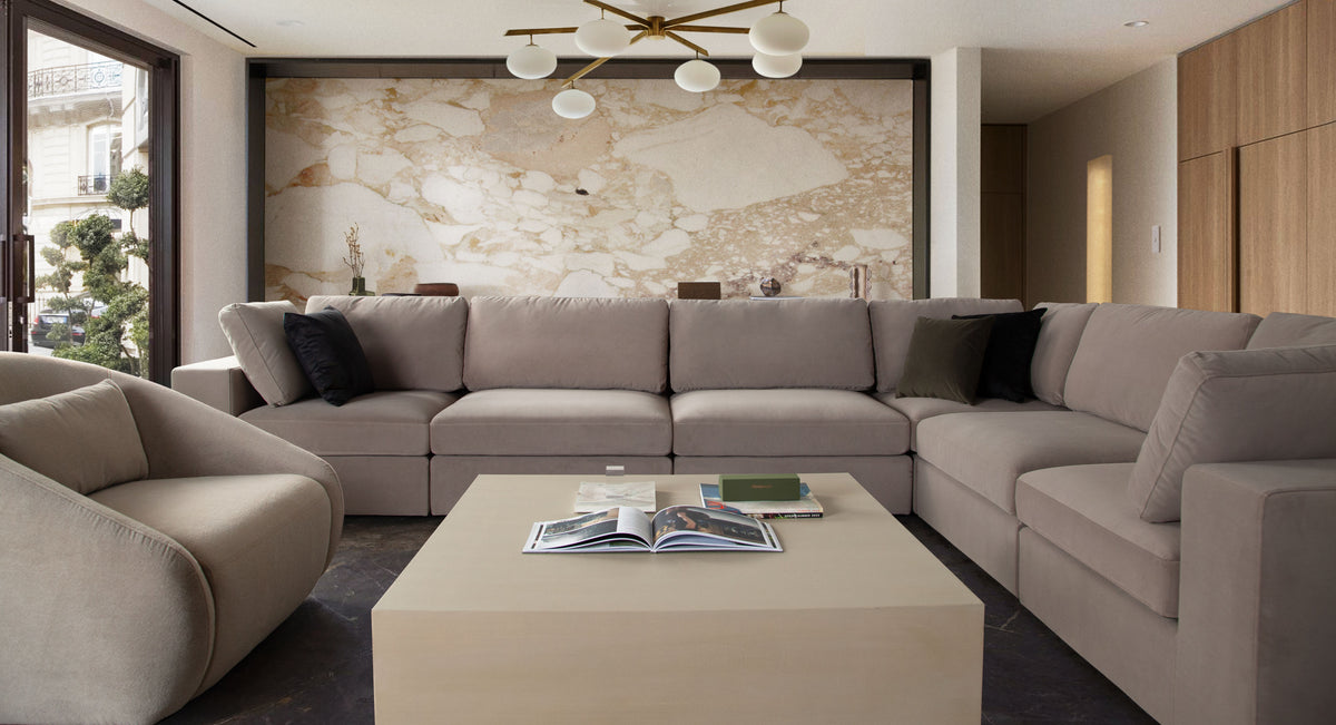 Muse Armless Chair in Winter Mink Performance Velvet by Diamond Sofa - styled in a staged room by Center Stage Home Design