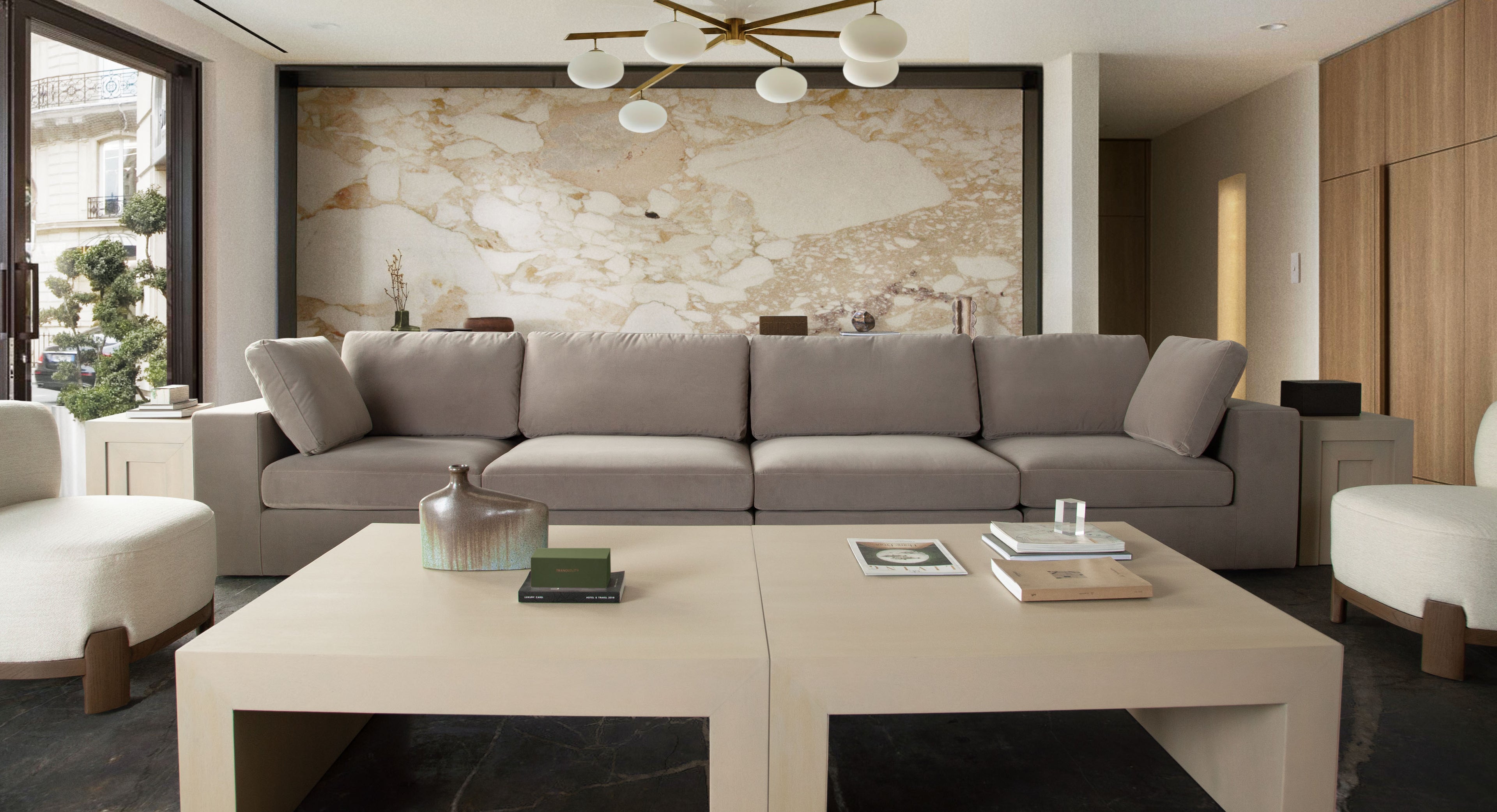 Muse Armless Chair in Winter Mink Performance Velvet by Diamond Sofa - styled in a staged room by Center Stage Home Design