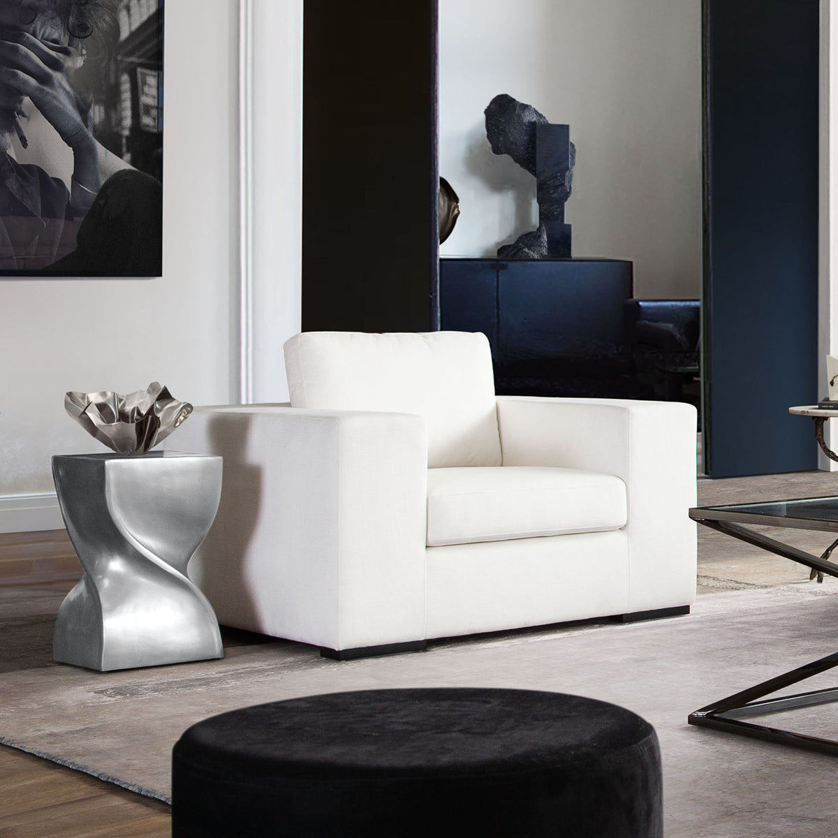 Muse Accent Chair in Mist White Performance Fabric by Diamond Sofa - styled in a staged room by Center Stage Home Design
