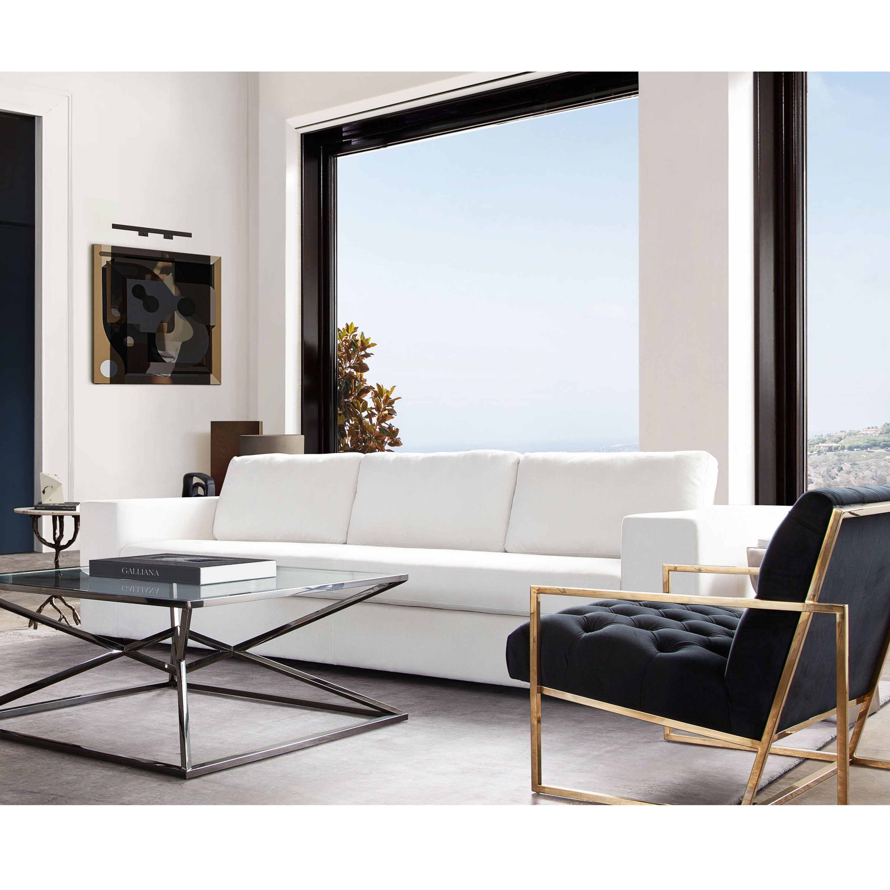 Muse Sofa in Mist White Performance Fabric w/ (4) Black Accent Pillows by Diamond Sofa - styled in a staged room by Center Stage Home Design