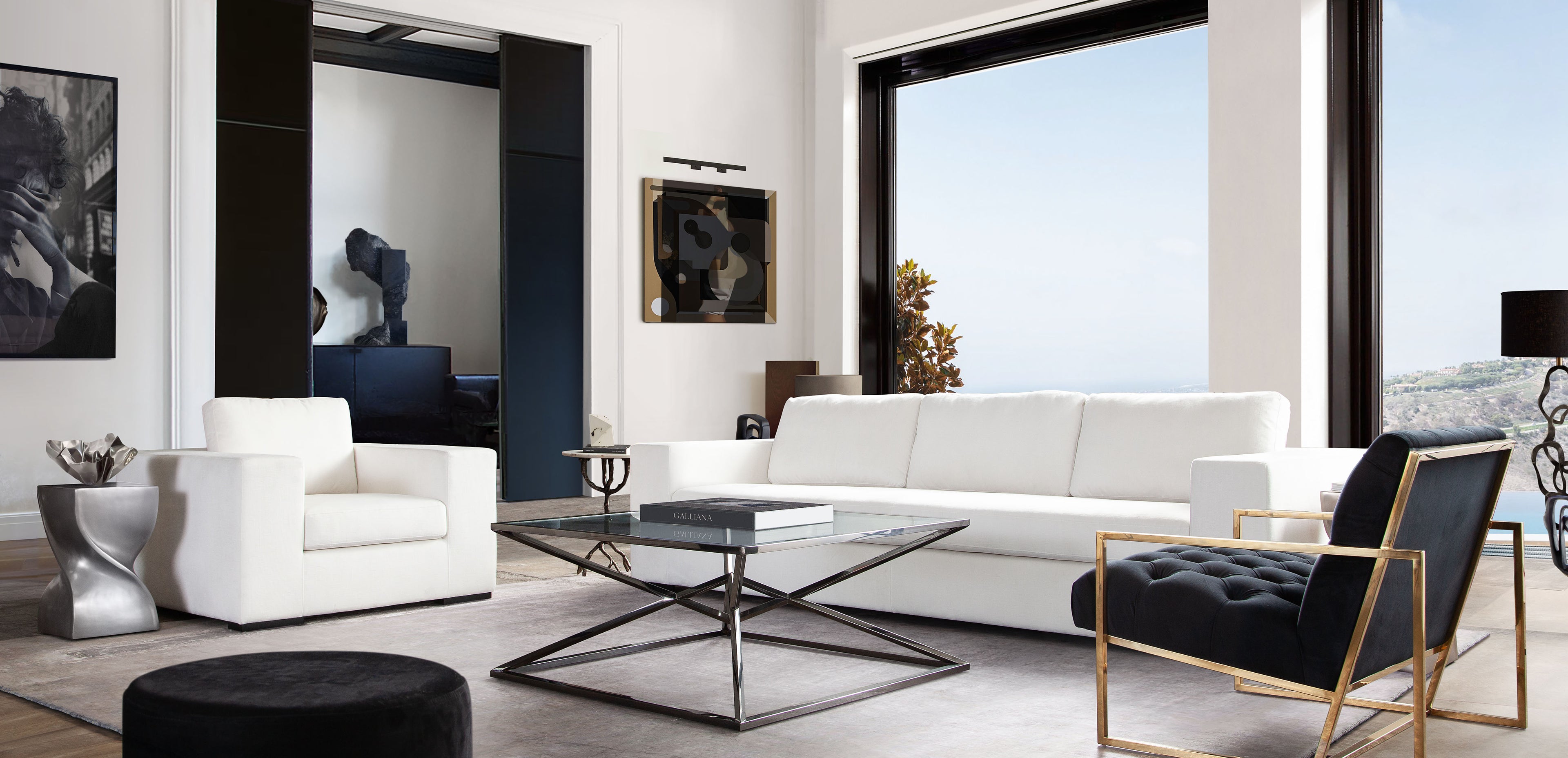 Muse Sofa in Mist White Performance Fabric w/ (4) Black Accent Pillows by Diamond Sofa - styled in a staged room by Center Stage Home Design
