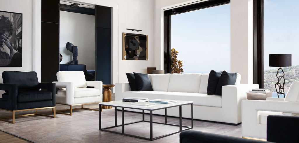 Muse Sofa in Mist White Performance Fabric w/ (4) Black Accent Pillows by Diamond Sofa - styled in a staged room by Center Stage Home Design