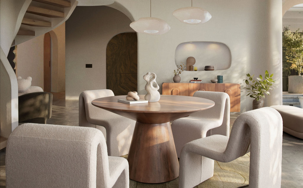 Nara Wishbone Wood Dining Chair in Walnut Finish w/ Woven Natural Rope Seat by Diamond Sofa - styled in a staged room by Center Stage Home Design