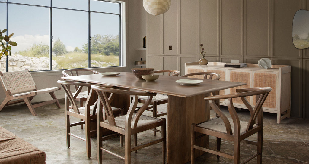 Nara Wishbone Wood Dining Chair in Walnut Finish w/ Woven Natural Rope Seat by Diamond Sofa - styled in a staged room by Center Stage Home Design