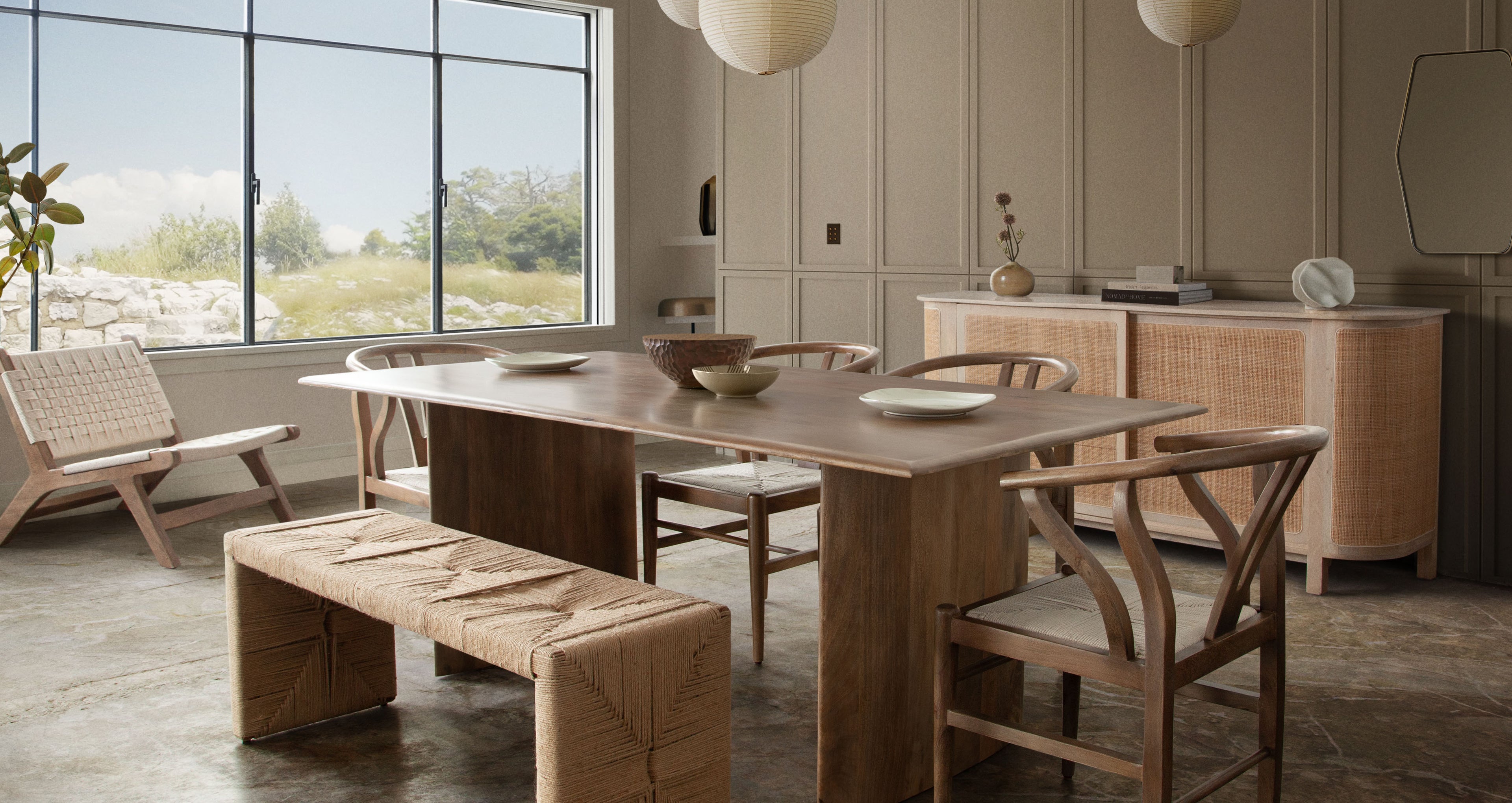 Nara 80" Wood Dining Table in Caramel/Walnut Finish by Diamond Sofa - styled in a staged room by Center Stage Home Design