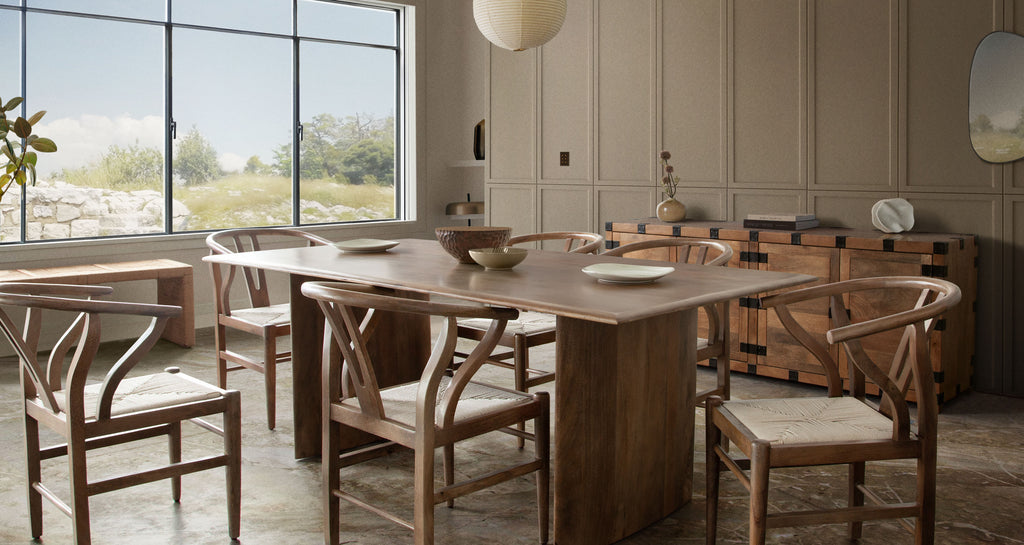 Nara 80" Wood Dining Table in Caramel/Walnut Finish by Diamond Sofa - styled in a staged room by Center Stage Home Design