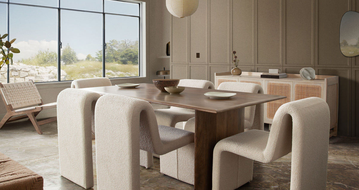 Nara 80" Wood Dining Table in Caramel/Walnut Finish by Diamond Sofa - styled in a staged room by Center Stage Home Design