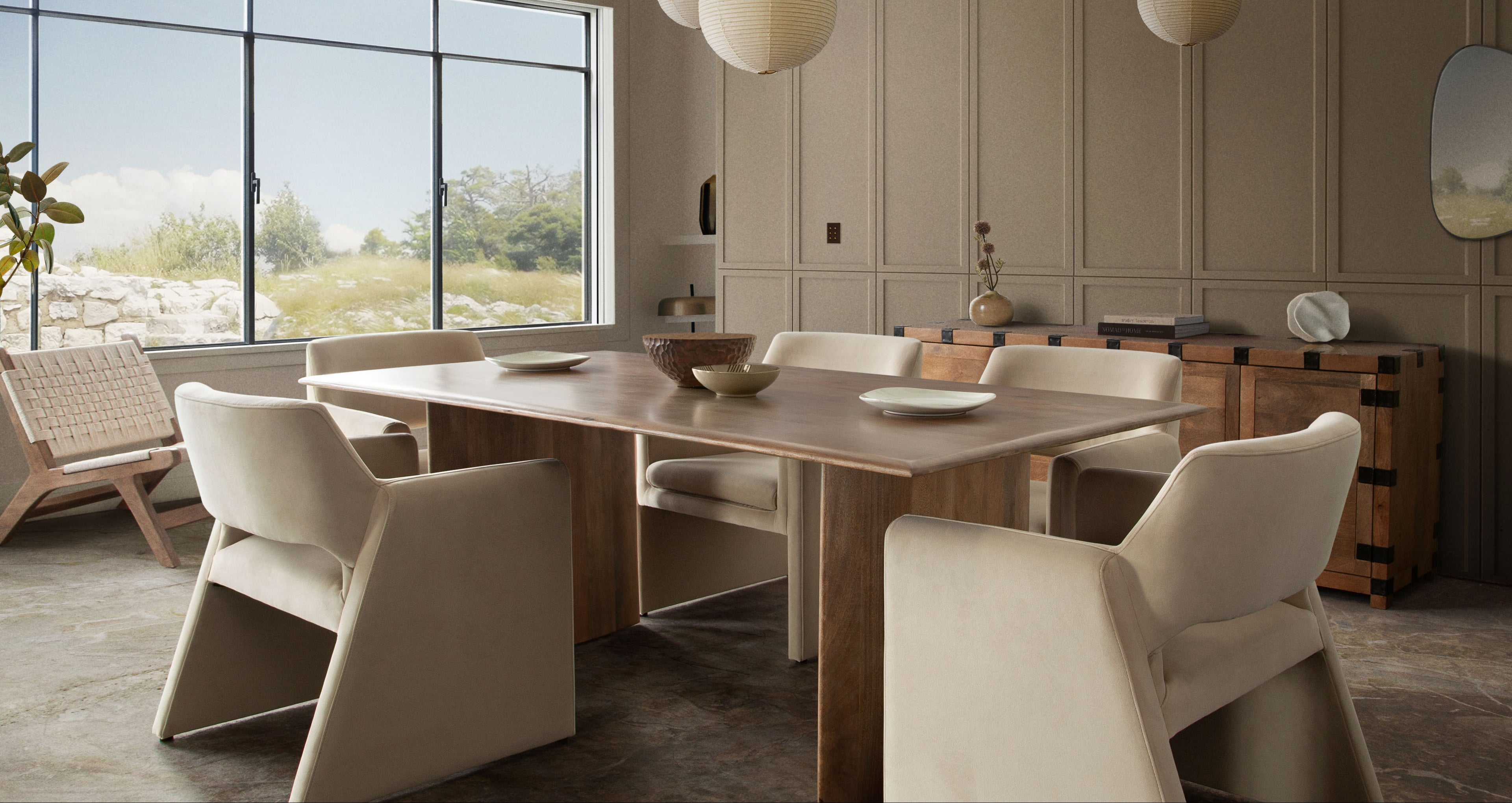 Nara 80" Wood Dining Table in Caramel/Walnut Finish by Diamond Sofa - styled in a staged room by Center Stage Home Design