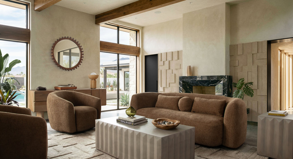 Ocean Sofa in Dune Medal Bronze Performance Fabric by Diamond Sofa - styled in a staged room by Center Stage Home Design