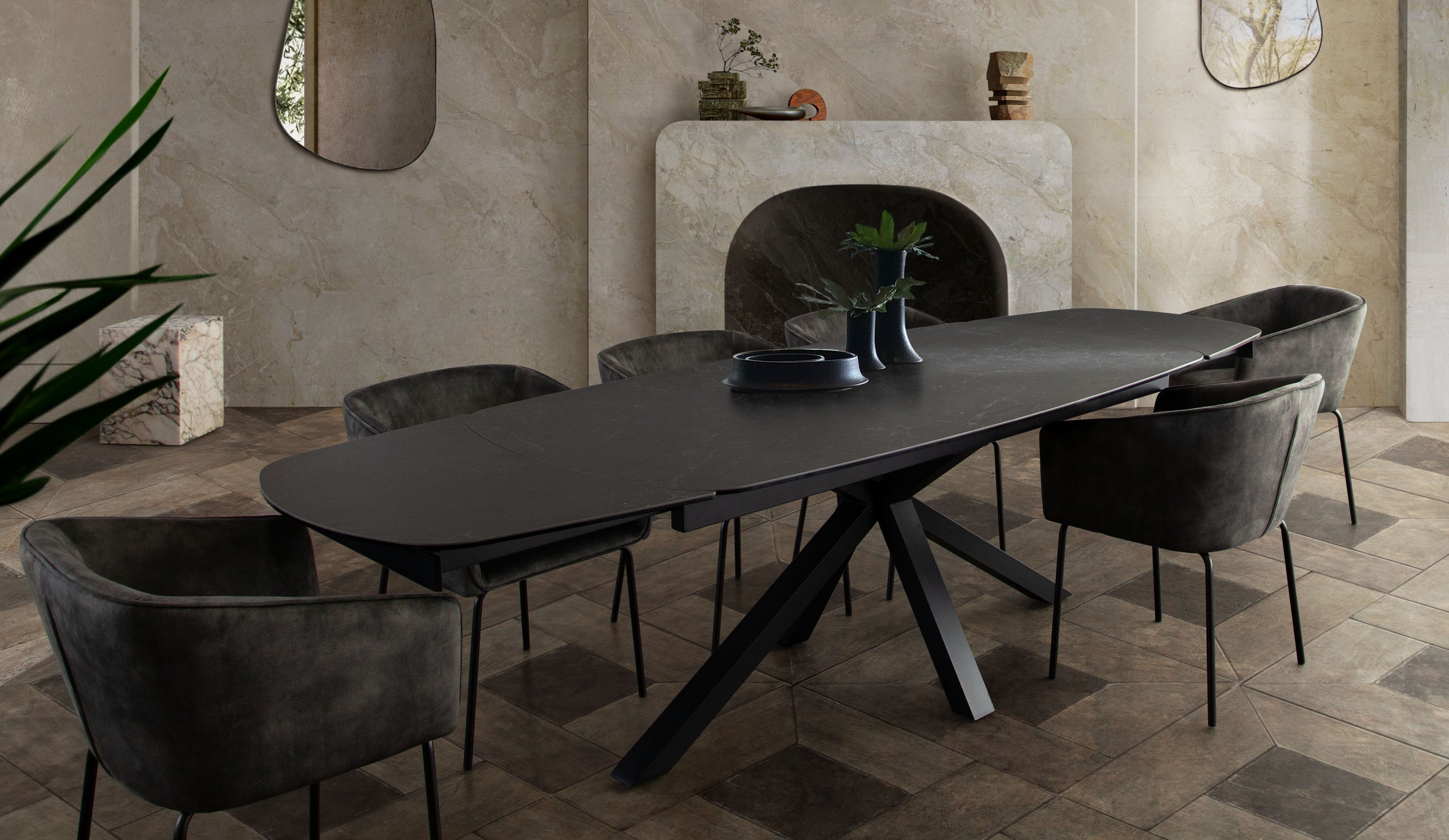 Onyx Rectangle Extension Dining Table w/ Black Ceramic Glass Top & Black Metal Leg by Diamond Sofa - styled in a staged room by Center Stage Home Design