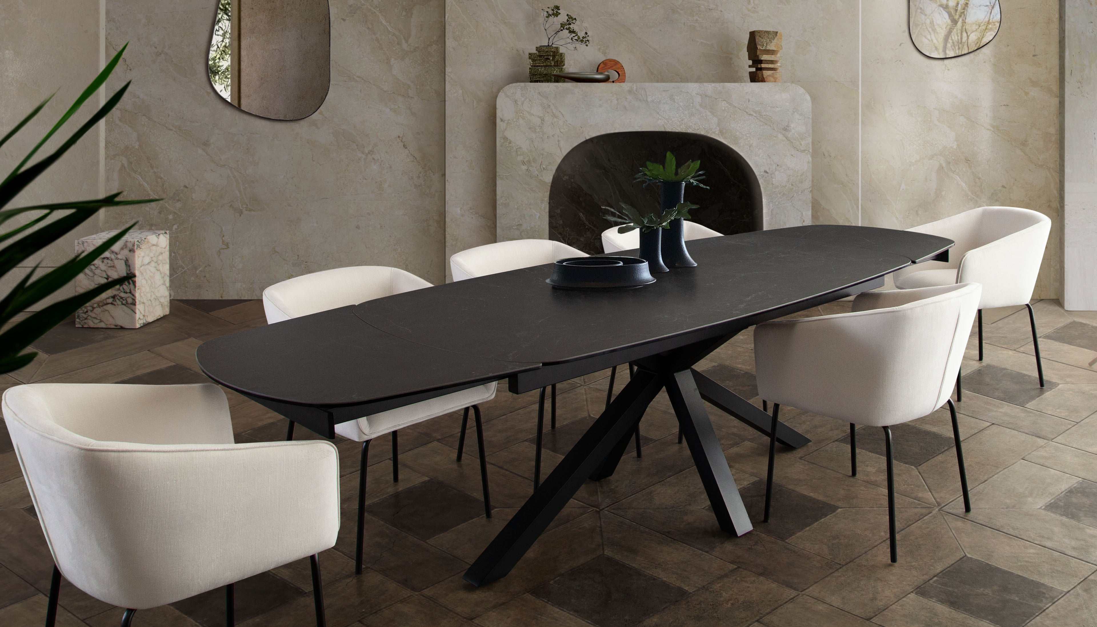 Onyx Rectangle Extension Dining Table w/ Black Ceramic Glass Top & Black Metal Leg by Diamond Sofa - styled in a staged room by Center Stage Home Design