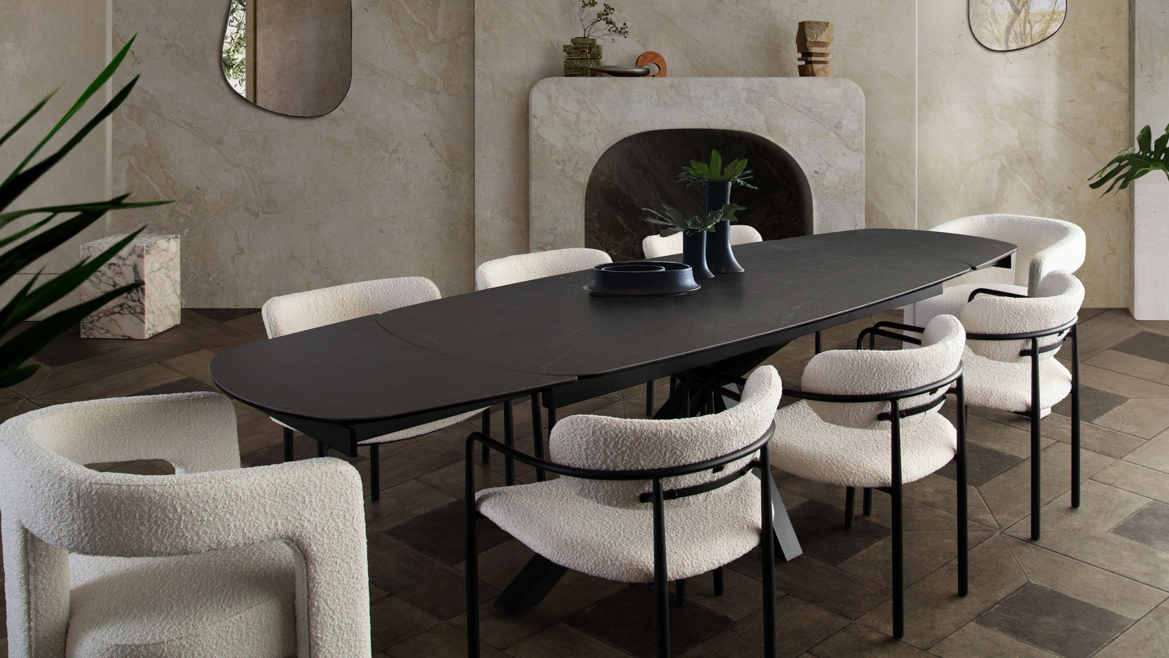 Onyx Rectangle Extension Dining Table w/ Black Ceramic Glass Top & Black Metal Leg by Diamond Sofa - styled in a staged room by Center Stage Home Design