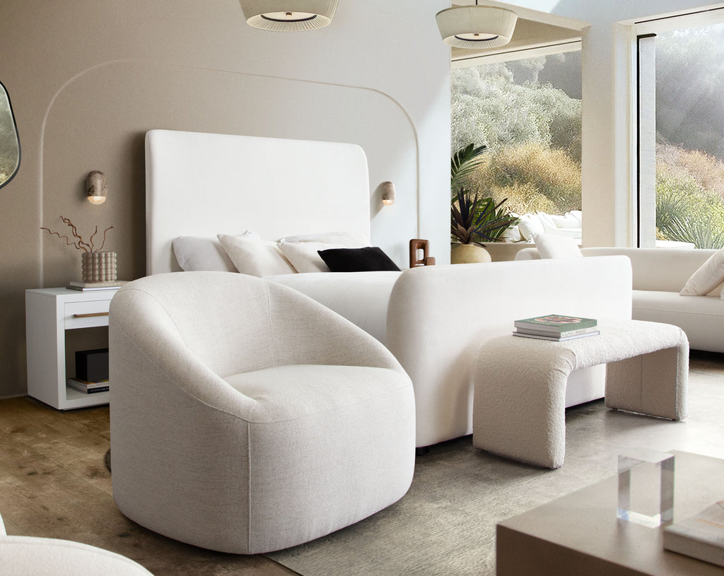 Opal Swivel Chair w/ Contoured Arm in Oat Polyest Fabric by Diamond Sofa - styled in a staged room by Center Stage Home Design