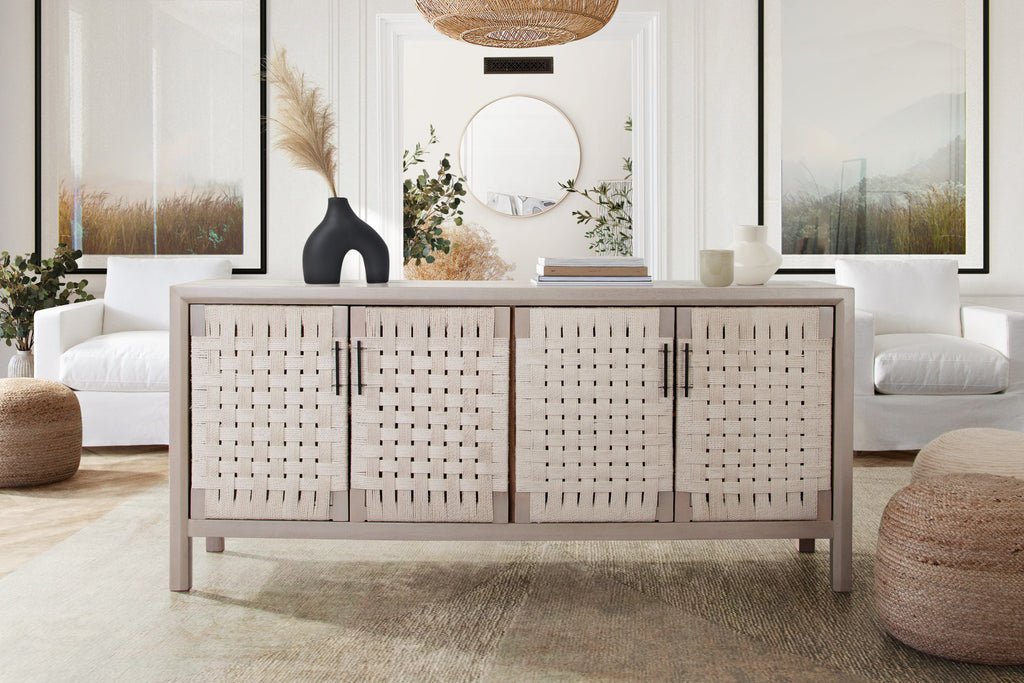 Palm Solid Mango Wood 4-Door Sideboard in Natural Finish w/ Woven Rope Door Fronts by Diamond Sofa - styled in a staged room by Center Stage Home Design