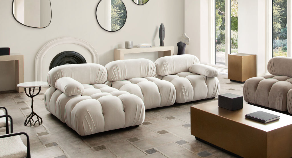 Paloma 4PC Modular 111 Inch Reversible Chaise Sectional in Light Cream Velvet by Diamond Sofa - styled in a staged room by Center Stage Home Design