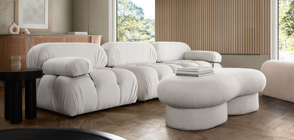 Paloma 3PC Modular 111 Inch Sofa in Light Cream Velvet by Diamond Sofa - styled in a staged room by Center Stage Home Design
