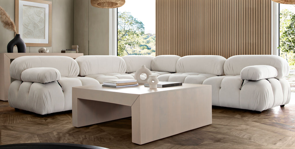 Paloma 5PC Modular 111 Inch Corner Sectional in Light Cream Velvet by Diamond Sofa - styled in a staged room by Center Stage Home Design