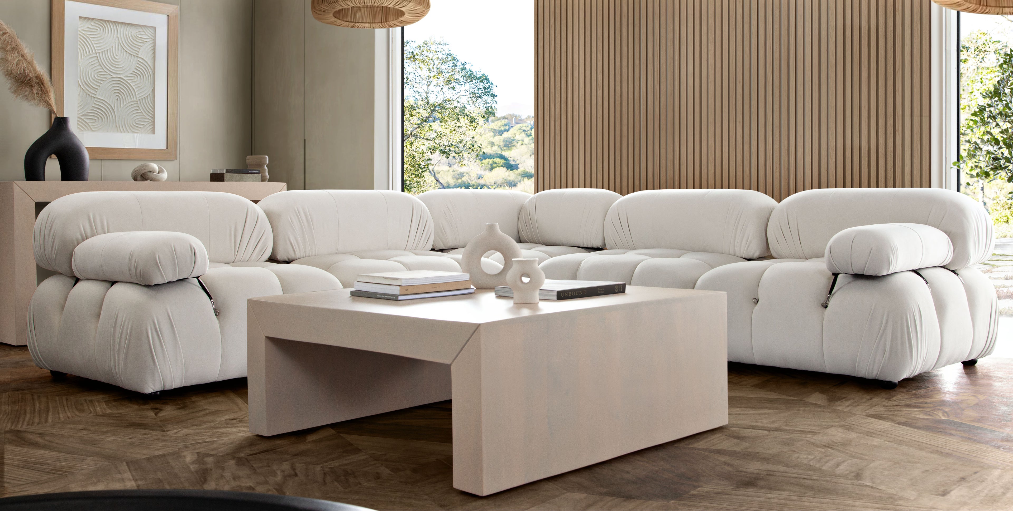 Paloma 5PC Modular 111 Inch Corner Sectional in Light Cream Velvet by Diamond Sofa - styled in a staged room by Center Stage Home Design