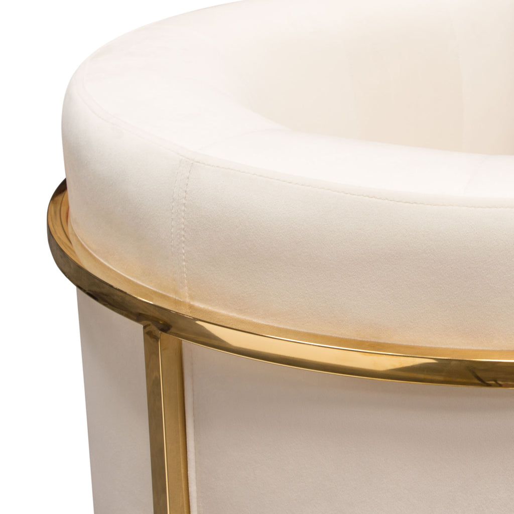 Pandora Accent Chair in Cream Velvet with Polished Gold Stainless Steel Frame by Diamond Sofa - styled in a staged room by Center Stage Home Design